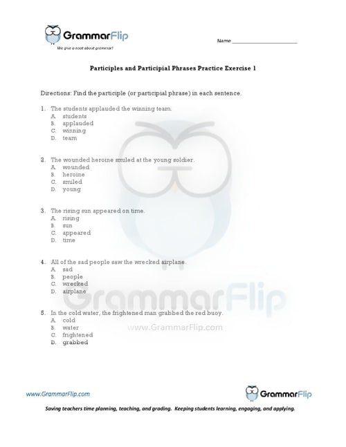 Participles and Participial Phrases Participles Worksheet