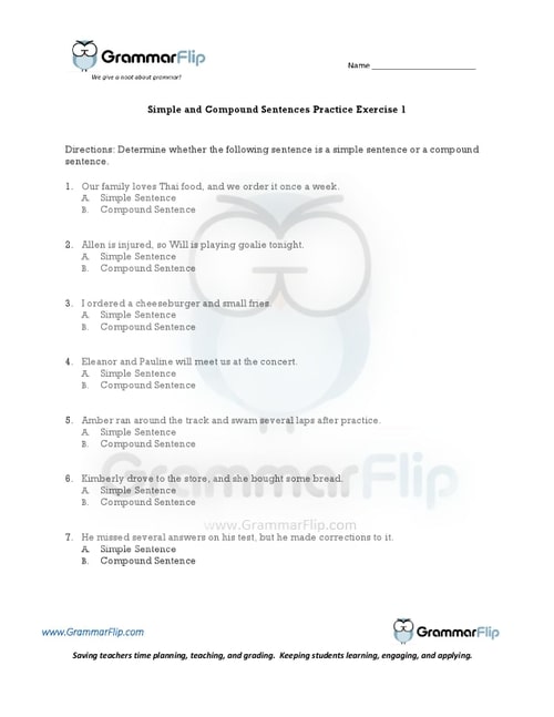 Simple and Compound Sentences Simple Sentences and Compound Sentences Worksheet